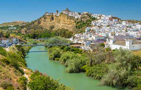 River, right hand side a small city with white houses and a castle