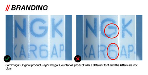 spark plugs counterfeit Branding on a genuine and a fake NGK spark plug