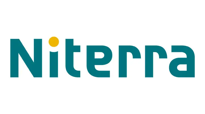 Niterra letters in petrol green with a yellow dot, plain white background 