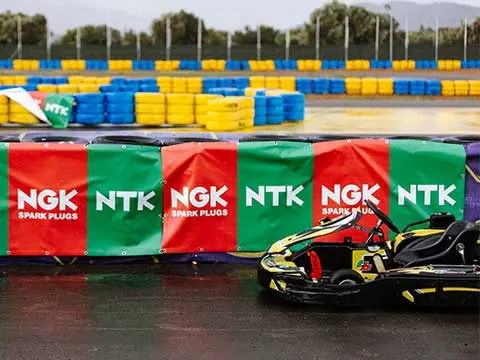A kart in front of green and red NGK & NTK branding cubes on a race track entering the picture from the right side