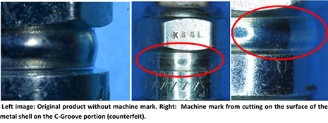 Cutting marks on the c-groove of a spark plug indicate fake products