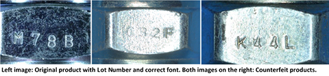 Comparison of fake and genuine LOT numbers on a spark plug