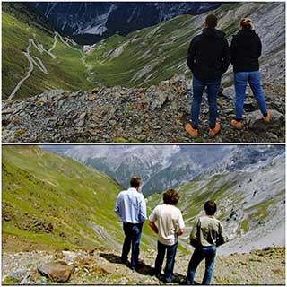 Collage of two pictures, people looking down at the Stelvio Pass