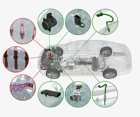 NGK and NTK products in bubbles, connected to the location in a hybrid car